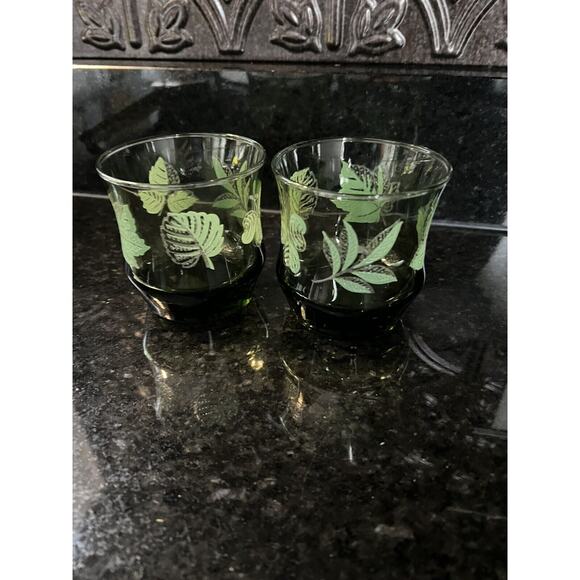 Libbey Apollo Old Fashion Glasses Green Leaves Vintage Set of 2 - Picture 7 of 7
